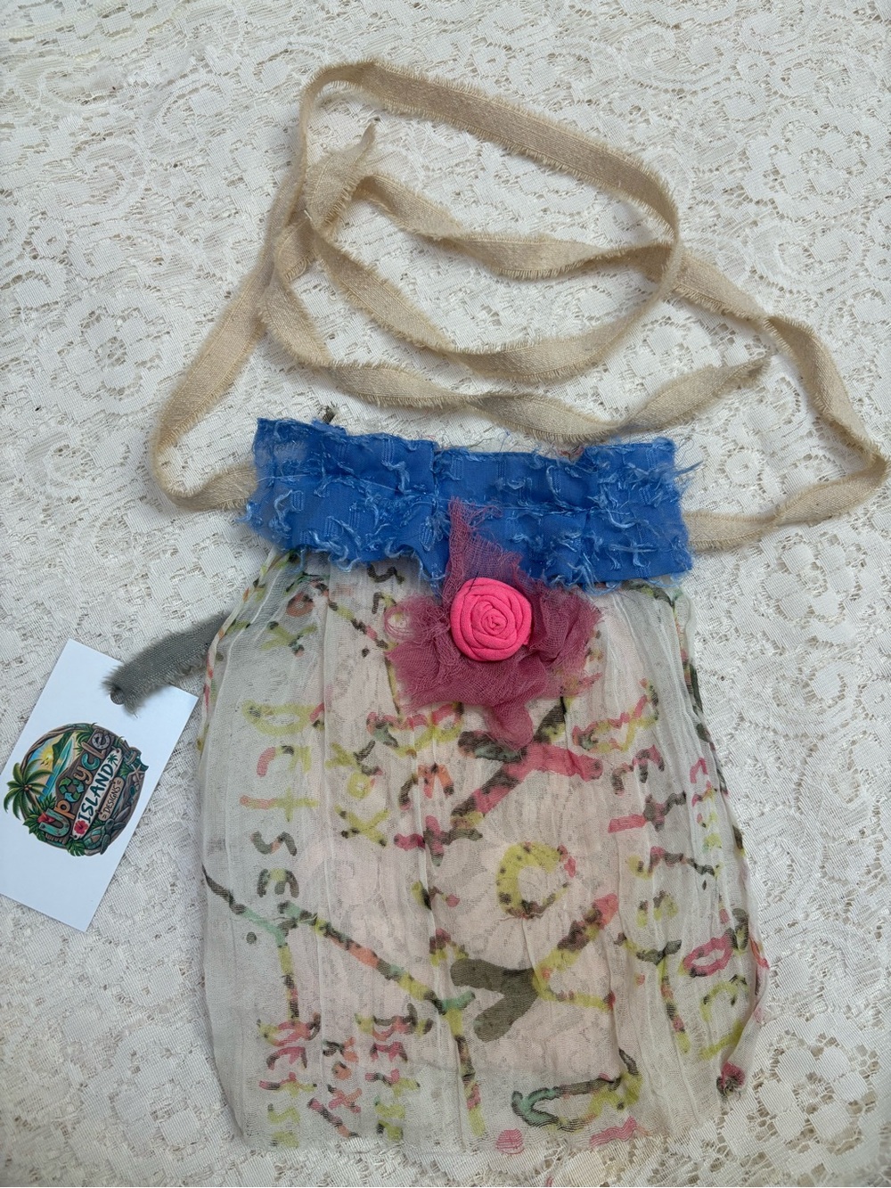 Boho Jabot Collar Necklace with Blue Trim and Pink Rosette